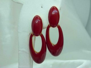 Sassy Red Enamel In Gold Tone Vintage 70 ' s FAB Door Knocker Clip Earrings 530jn0 3