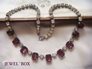 Earlier Vintage Baguette Amethyst Crystal Clear Rhinestone Riviere Necklace