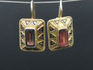 Vintage Etruscan Revival Art Deco Style Gold Tone Earrings With Faceted Glass