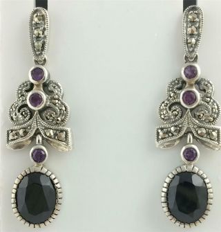 Vintage Art Deco Style Sterling Silver Onyx,  Amethyst,  Marcasite Dangle Earrings 2