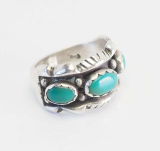 Vintage Hand Made Native American Sterling Silver Turquoise Wide Band Ring Sz 7