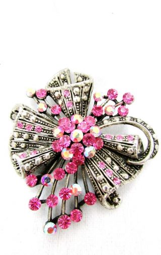 Vintage Brooch/slider/ Pendant Pink Glass Rhinestone Flower Silver Tone Jewelry
