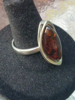 Fabulous Vintage Russian Sterling Silver & Amber Ring - Size 7 3