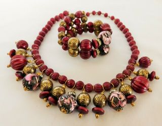 Vintage Exquisite Demi Parure 15 " Necklace Stretch Bracelet Pink Maroon Gold