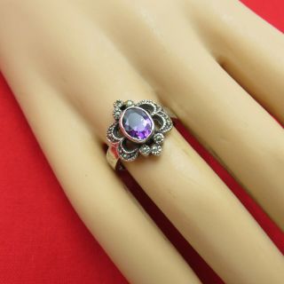 Vintage Sterling Silver Cocktail Ring Purple Crystal Size 7.  5 Marcasites 487m