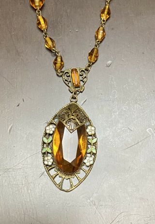 Vintage Victorian Period Gold Based Lariat Amber Necklace With Enamel Details