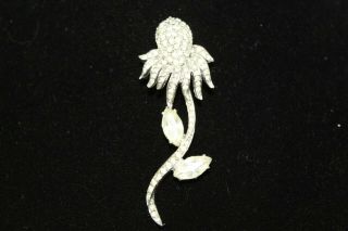 Vintage Silvertone Signed Ledo Clear Rhinestone Flower 3 " Long Brooch Pin M