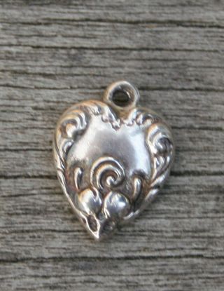 Victorian Vintage Sterling Silver Small Puffy Heart Charm - Swirls And Designs