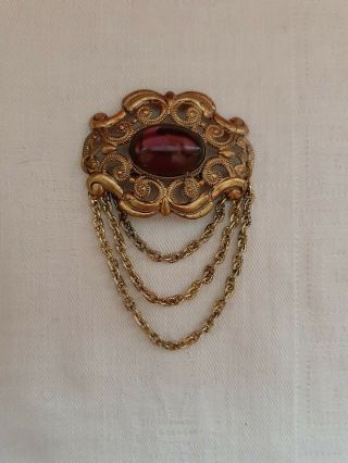 West Germany Vintage Domed Ruby Colored Stone,  Gold Tone Brooch Pin Filigree