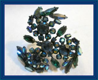 Sherman Montana Blue & Emerald - Japanned Triple Flower Pinwheel Motif Brooch Nr