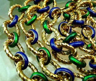 Vintage Cobalt Blue & Green Guilloche Enamel Lg Oval Link Chain Necklace 99.  5g