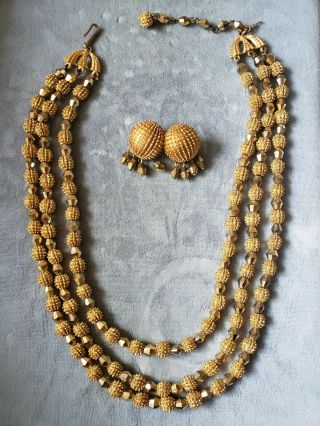 Vintage Crown Trifari Chunky Multi Strand Gold And Crystals Necklace Earring Set