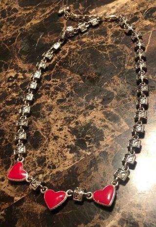 Vintage Silver Tone Necklace With 3 Red Enamel Hearts - Unique - Spotless - Ship