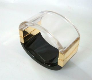 Crystal Clear And Black Lucite Hinged Bangle Bracelet Wide Squared Gold Plated