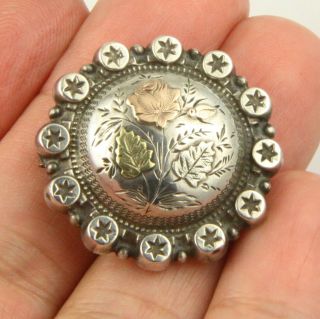 Antique Victorian C1890 Sterling Silver Gold Accent Mourning Memorial Brooch Pin
