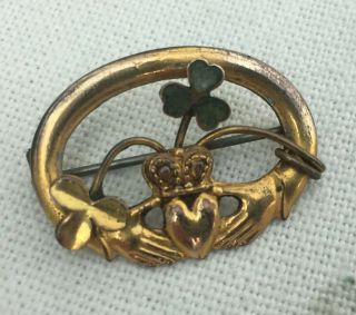 Vintage Oval Irish Celtic Connemara Shamrock Claddagh Gold Tone Brooch Pin