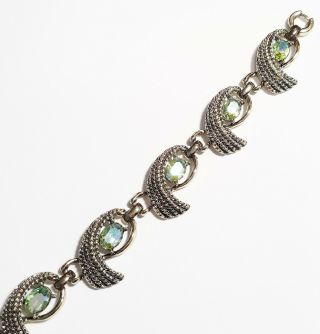 Vintage Blue/green Aurora Borealis Rhinestones Goldtone Curved Links Bracelet
