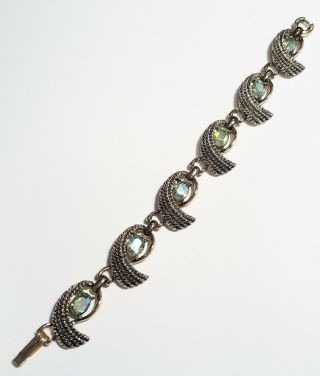 Vintage Blue/Green Aurora Borealis Rhinestones Goldtone Curved Links Bracelet 2