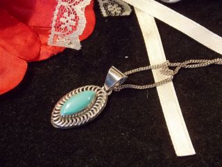 Vintage Solid Silver And Turquoise Pendant On A Solid Silver Balestra Chain 40cm