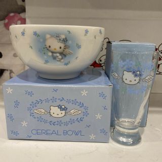 Sanrio Vintage 2000 Hello Kitty Blue Angel Wings Ceramic Cereal Bowl Glass Set