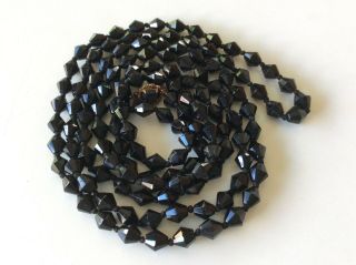 Vintage 60 " Long Faceted Jet Black Glass Knotted Bead Necklace Art Deco Flapper