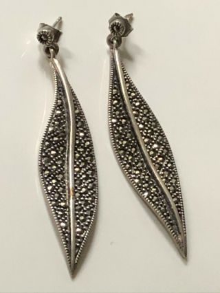 Antique Art Deco Sterling Silver & Marcasite Leaf Drop Dangly Earrings 11.  45g