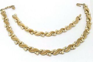 Crown Trifari Necklace & Bracelet Set - Gold Tone Pearl & Rhinestone