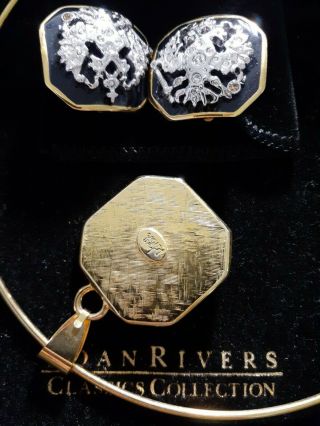 NIB Vintage JOAN RIVERS Classic Gold - tone Blue Emblem Necklace,  Clip Earrings 2