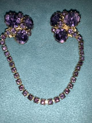 Vintage Pretty Purple Large Crystals Flower Sweater Clip Brooch Rhinestone Chain