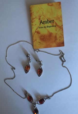 Vintage 925 Sterling Silver And Baltic Amber Necklace And Earrings Set Boxed