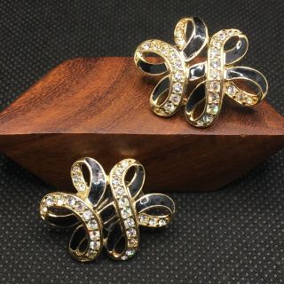 Vintage Trifari Earrings Gold Tone Black Enamel Clear Rhinestone Swirl Knot