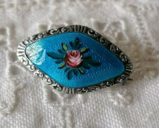 Sweet Antique Edwardian Silver & Guilloche Blue Enamel Rose Flower Brooch Pin.