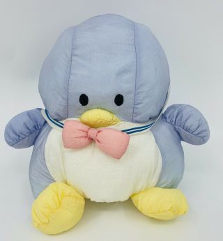 1984 Sanrio Tuxedo Sam Nylon Puffy Plush Blue Penguin Bow Tie Vintage