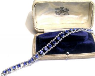 Sapphire & Clear Rhinestone Art Deco Style Silver Sparkling Cocktail Bracelet