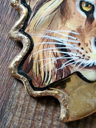 Vintage hand painted lion brooch signed by artist 2