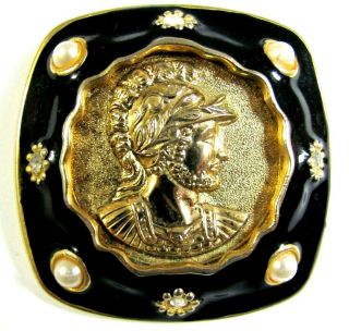 Vintage Roman Soldier Brooch Pin Signed Craft Black Enamel Rhinestone Faux Pearl