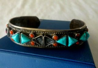 Vintage Sterling Silver 925 Turquoise Coral Cuff Bracelet Missing Stones