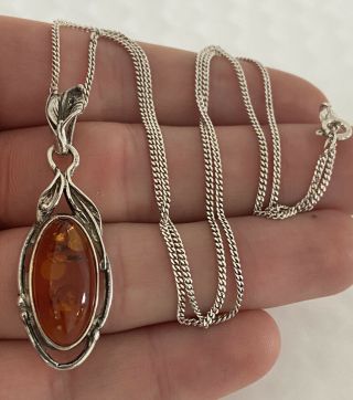 Solid Silver Large Natural Amber Art Nouveau Design Pendant On Chain 925.