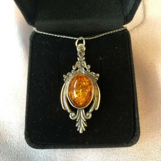 Victorian Sterling Silver Baltic Amber Pendant Necklace 20 " Lovely