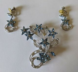 Star Art 925 Sterling Silver Blue Crystal Flower Brooch Pin & Earrings Set