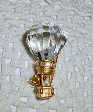 Vintage Ajc Signed Faceted Lucite Hot Air Balloon Brooch Pin Rhinestone A108