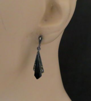 Vintage Sterling Silver Pierced Earrings Black Onyx Gemstone Marcasites 620m