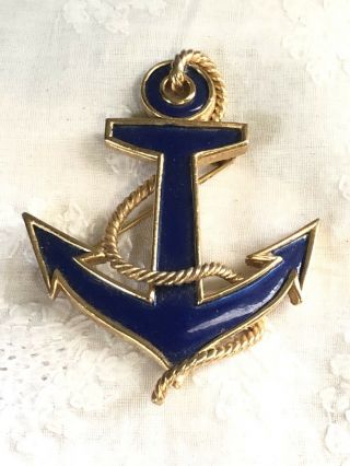 Trifari Vintage Blue Enamel Goldtone Anchor Pin Brooch