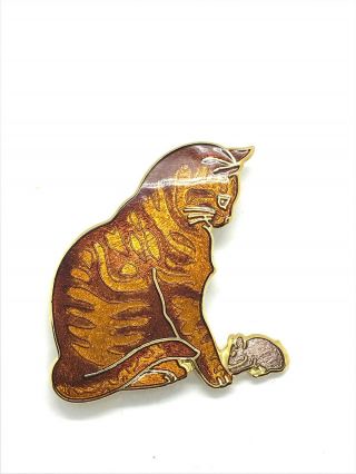 Vintage Fish & Crown Cloisonné Enamel " Tabby Ginger Cat With Mouse” Brooch