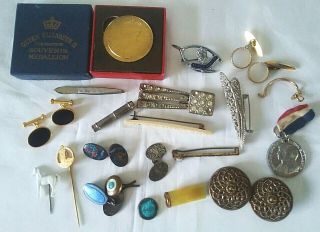 Antique & Vintage Jewellery Etc.  Cufflinks Medal Tussymussy Buckle Silver Brooch