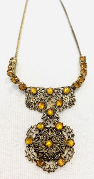 Antique Victorian Art Deco Gold Tone Filigree Czech Glass Drop Necklace