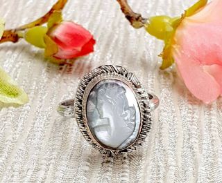 Vintage Carved Mother Of Pearl Cameo Ring With Silver Band - Uk Size O 1/2