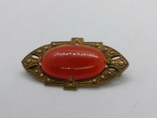 Vintage Art Deco Carnelian Glass Gold Tone Brooch Pin C - Clasp 1.  5 " Long