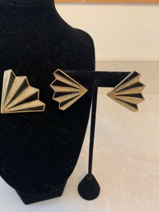 Vintage Monet Gold Tone Black White Enamel Fan Design Brooch & Earrings Set 3