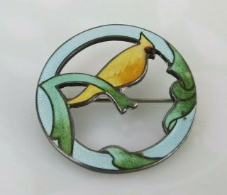 Art Nouveau Yellow Bird Sterling Silver Blue Green Enamel Brooch Pin